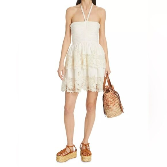 Ulla Johnson Savannah crochet trim halterneck mini dress cotton linen Lace Sz 6 - Picture 2 of 16